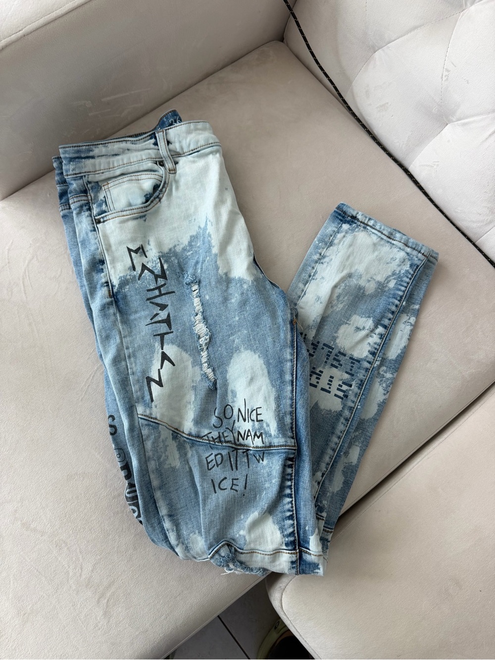 Light Blue Tie-Dye Denim Jeans with Brown Leather Patch